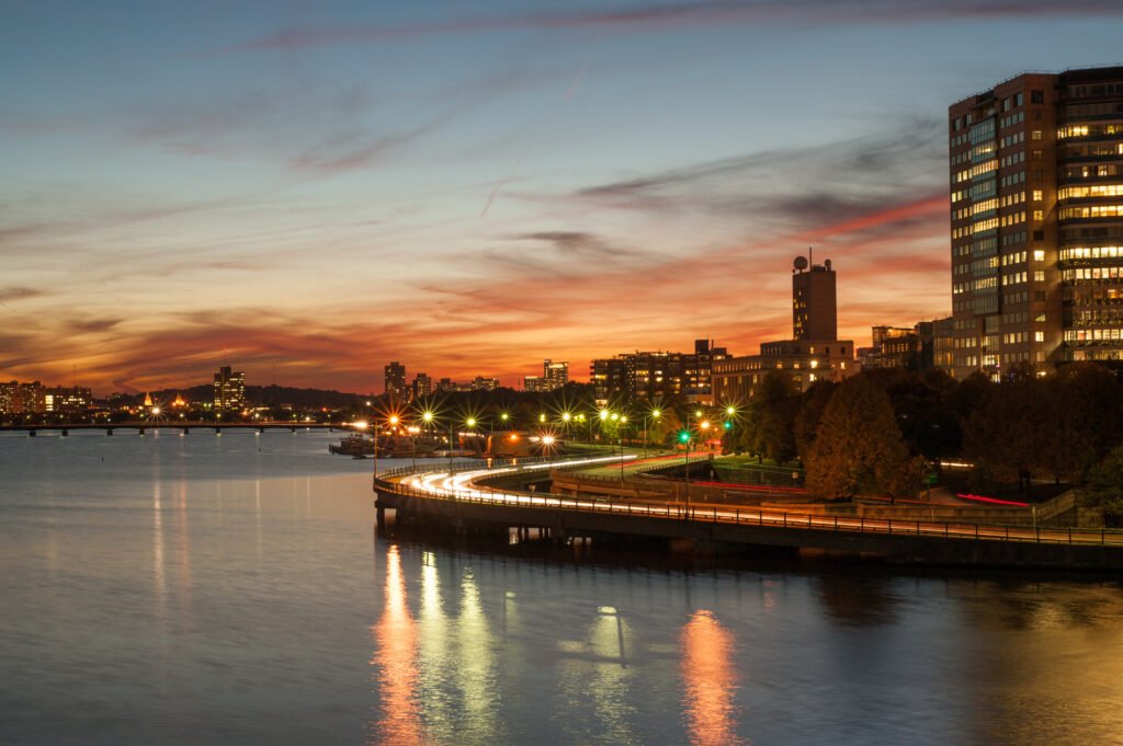 Evening traffic on Memorial drive in Cambridge, MA