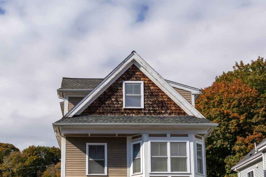 Classic design of a detached single-family home on an autumn cloudy day, Brighton, MA, USA